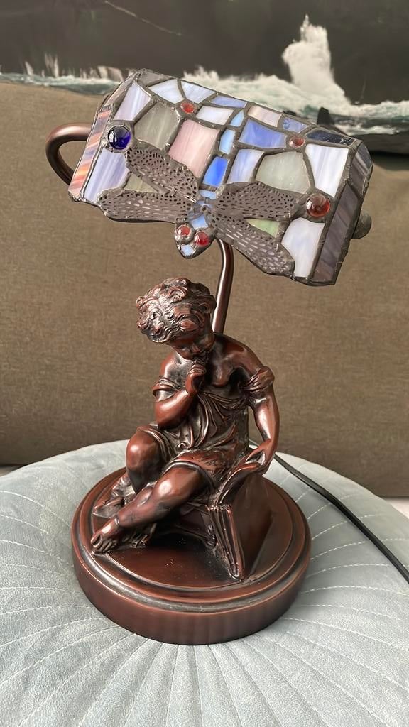 Tiffany Tafellamp met Cherubijn en Libelmotief, Ophalen of Verzenden