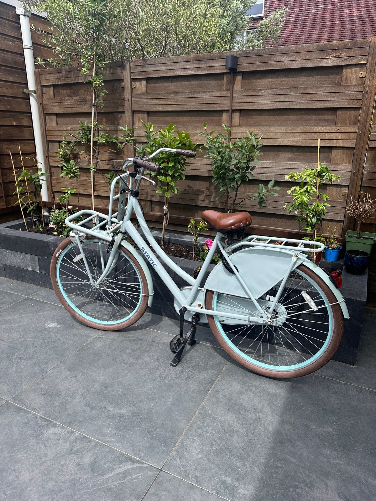 Static Transportfiets - Lichtblauw met Bruine Details, Gebruikt, Velgrem, Versnellingen, 50 tot 53 cm