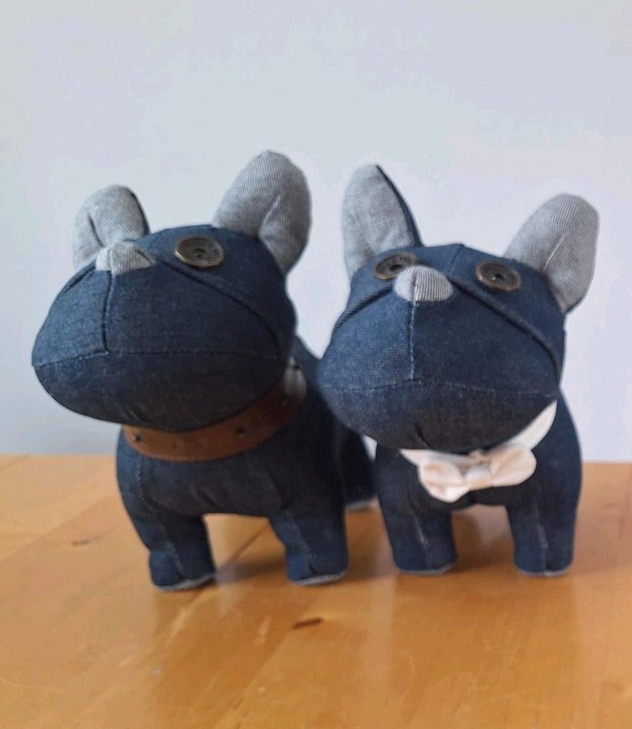 2 Franse bulldogs Jack & Jones, spijkerstof, denim, 1990, Verzamelen, Ophalen of Verzenden, Nieuw, Hond of Kat, Beeldje of Figuurtje