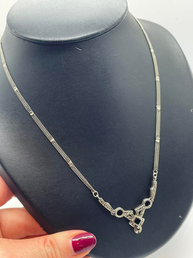 C866 Prachtige vintage zilveren ketting onyx markasiet, Ophalen of Verzenden, Zilver, Ring, Met edelsteen