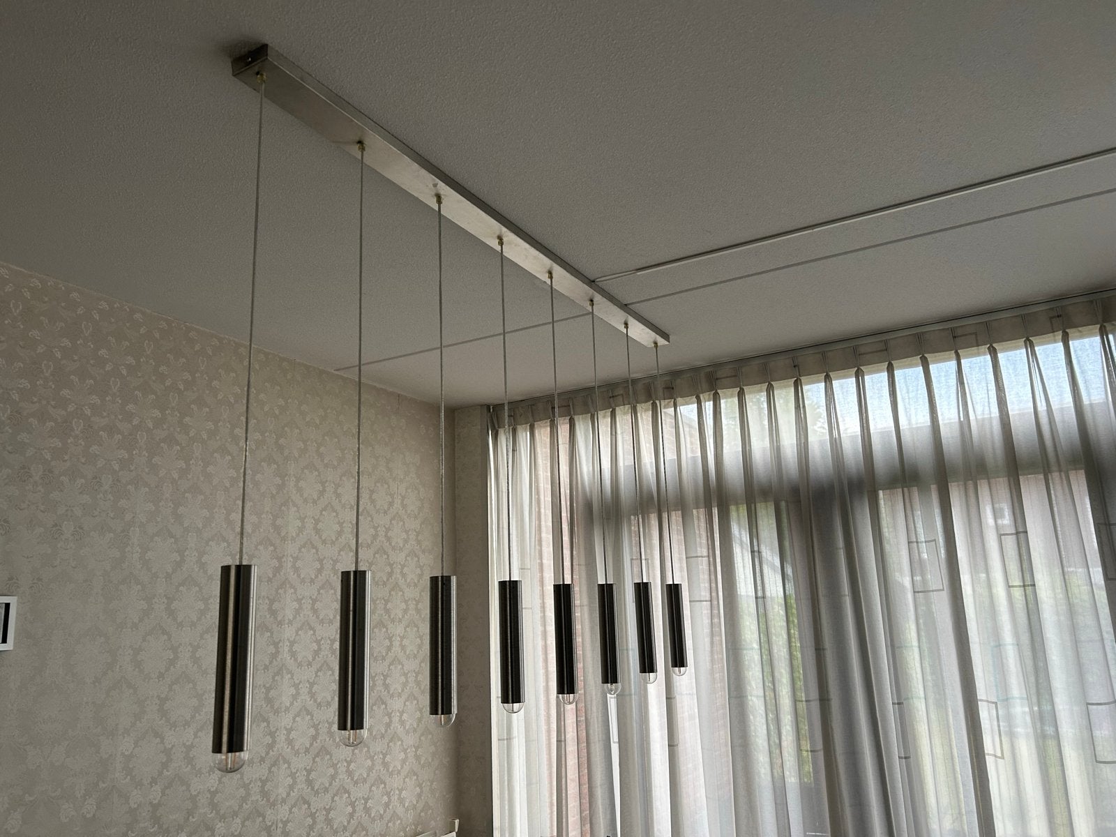 Moderne hanglamp met 8 spots - RVS, Ophalen, Zo goed als nieuw, Metaal, 75 cm of meer