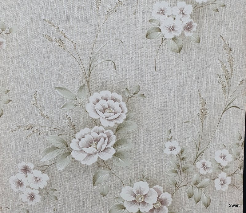 13203 jutelook bloemen behang in zacht beige en groen swiet, Ophalen of Verzenden, Beige