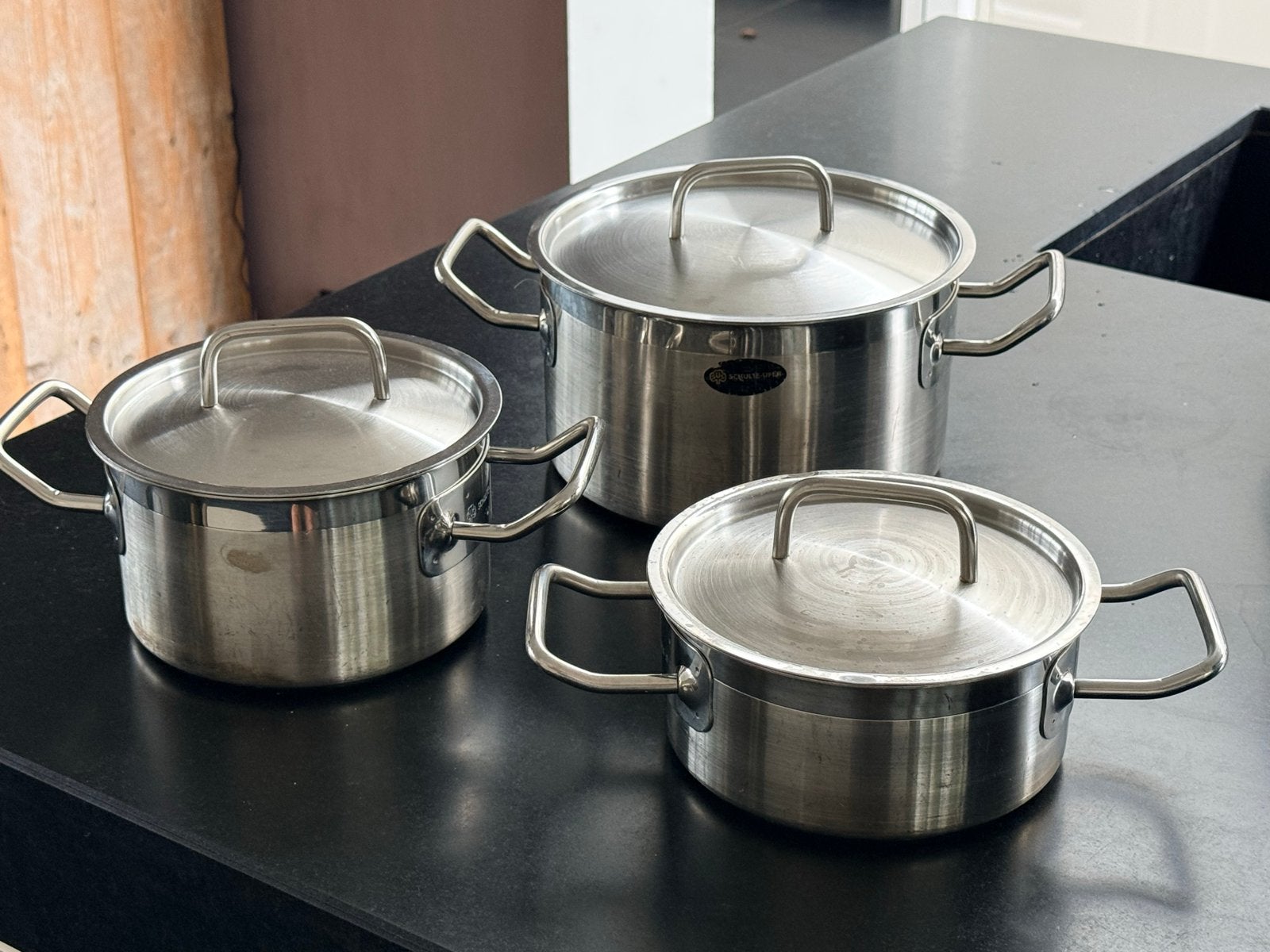 Schulte-Ufer Pannenset RVS - 3-delig, Huis en Inrichting, Ophalen, Gebruikt, Met deksel, Pannenset