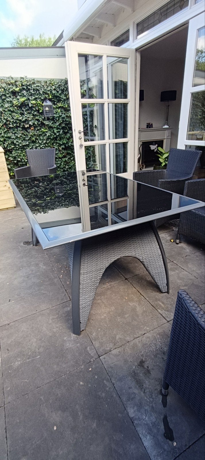 Bois le Duc tuintafel met glazen blad, Ophalen, Gebruikt, Rechthoekig, Wicker