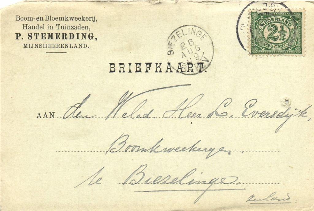 P. Stemerding, Mijnsheerenland - 08.1909 - briefkaart, Ophalen of Verzenden, Briefkaart