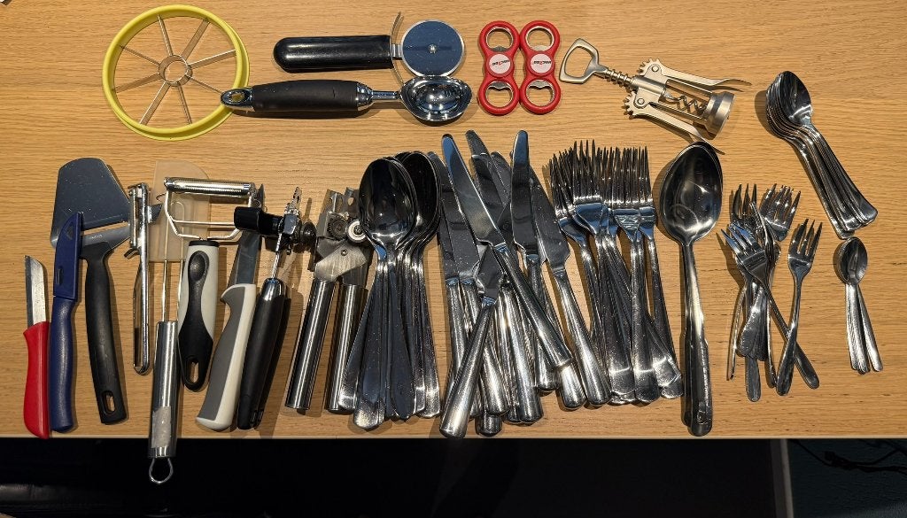 Pakket bestek en keukengerei, grotendeels IKEA (4,8 kg), Gebruikt, Verzenden, IKEA, Rvs of Chroom