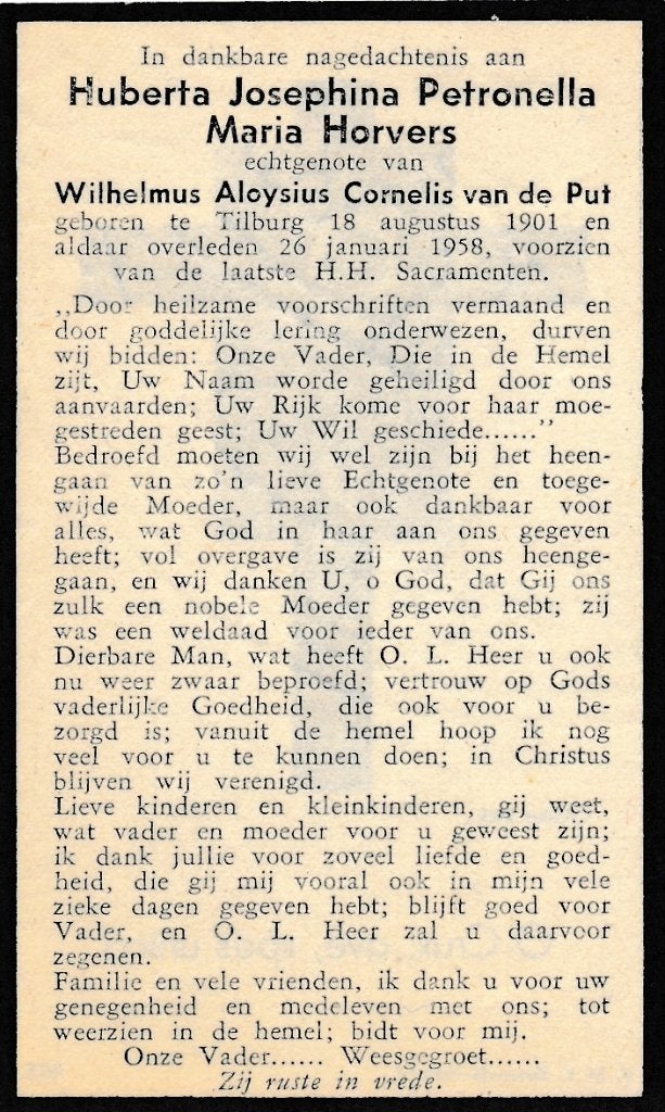 Horvers Huberta 1901 Tilburg 1958, Ophalen of Verzenden, Bidprentje