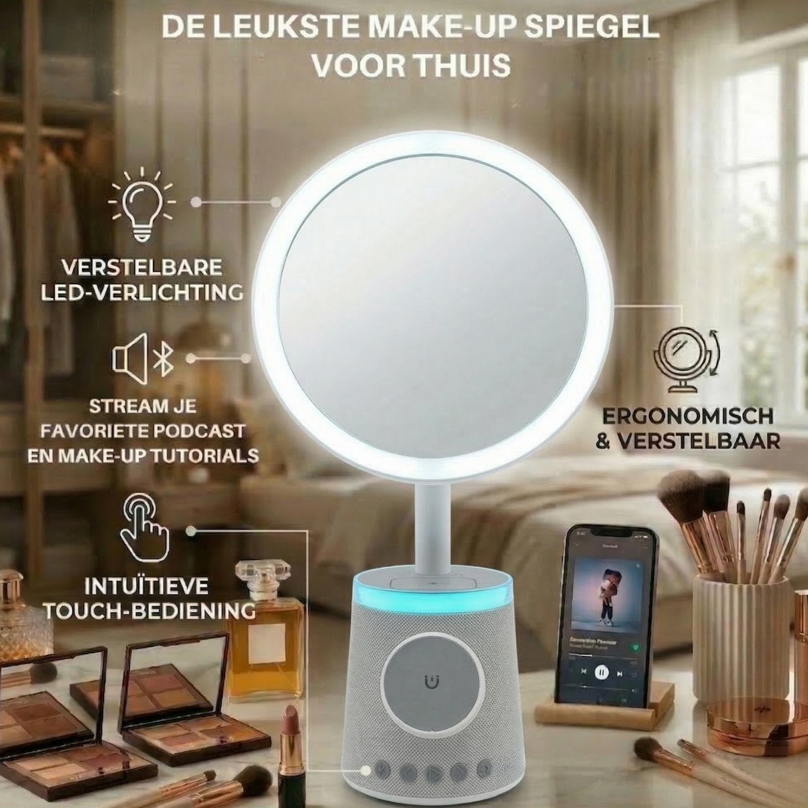 Blutooth make up spiegel met draadloze smart devices, Nieuw, Make-up, Goud, Verzenden