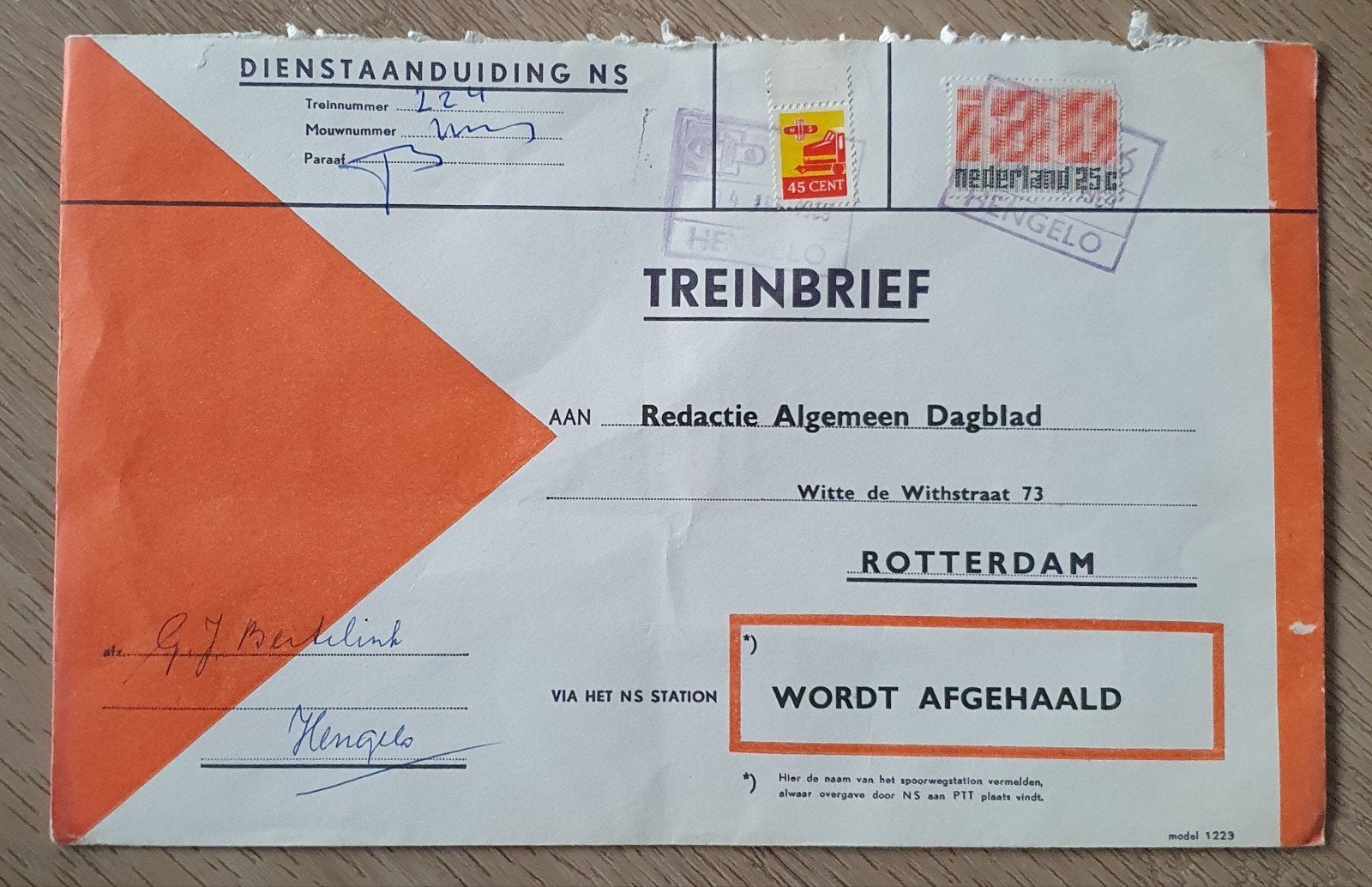 NS Treinbrief aan Algemeen Dagblad met postzegels, Ophalen of Verzenden, Envelop