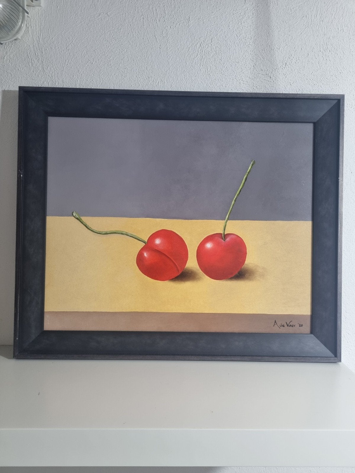 Olieverfschilderij kersen - Stilleven van A. de Veer, Antiek en Kunst, Doek, Realistisch, Stilleven, Ophalen of Verzenden