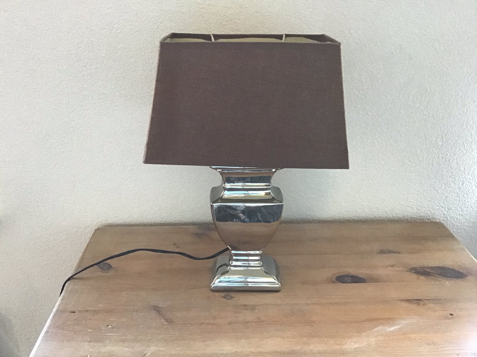 Schemerlamp 42cm hoog zilver/taupe zgan., Zilver, Ophalen of Verzenden, Zo goed als nieuw, Schemerlamp