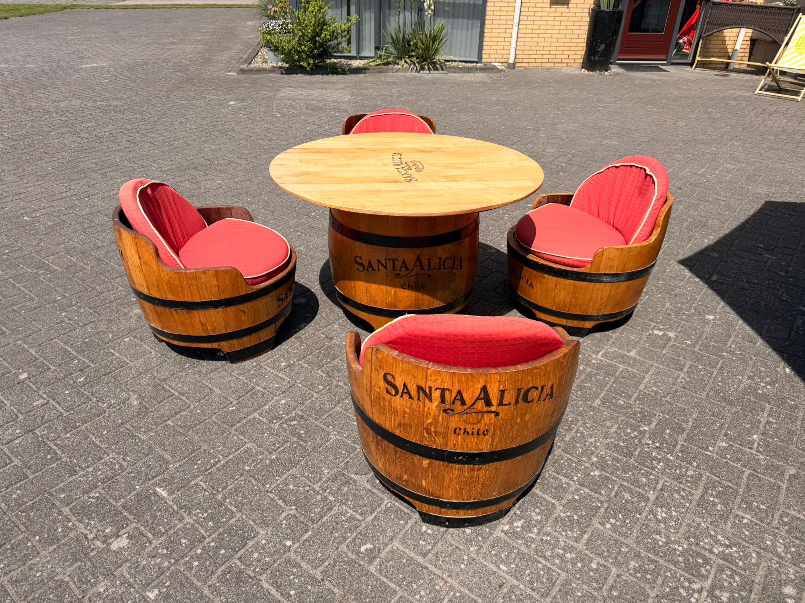 Wijnton stoelen en tafel whiskeyvat set wijnvat, Gebruikt, Bijzettafel, Ophalen of Verzenden, Tuinset