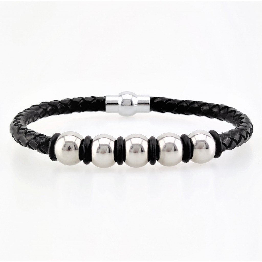 Gevlochten Zwart Leren Armband met RVS-Balletjes, Staal, Birgitta-Gracht 33, 6465 EL Kerkrade, Nederland, Verzenden, Nieuw
