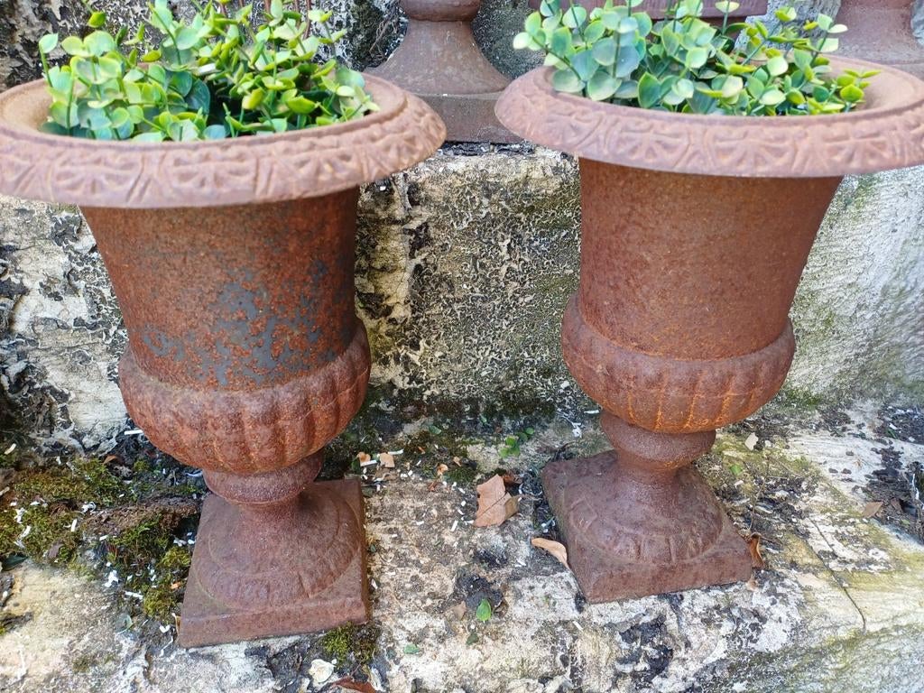 Set van 2 Antieke Gietijzeren Tuinvazen, Tuin en Terras, Bloembakken en Plantenbakken, Gebruikt, Metaal, Balkon, Tuin, Minder dan 30 cm