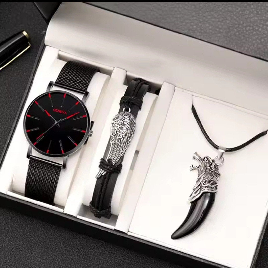 Heren Horloge Set - Zwart met Armband en Ketting, Ophalen of Verzenden, Nieuw, Staal