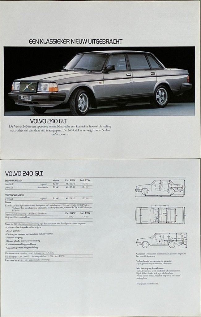 Folder flyer sheet. Volvo 240 GLT. Klassieker 2 bladzijden., Ophalen of Verzenden, Zo goed als nieuw, Auto's