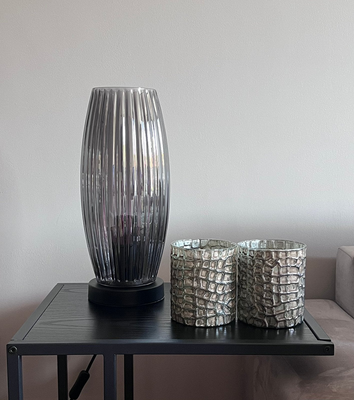 Tafellamp smoke glas ovaal verticale ribbels snoerschakelaar, Dimbaar, Nieuw, 35 cm, Glas