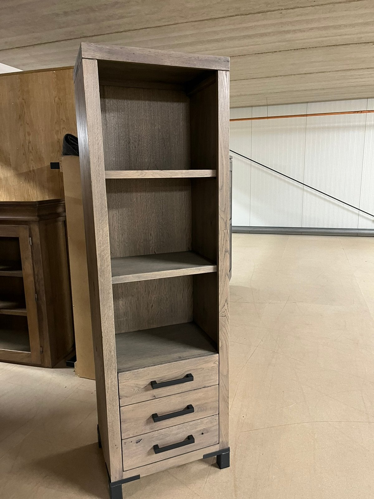 Massief eiken boekenkast 3 lade 3 open vakken  nu 495.-, Ophalen, Eikenhout, 50 tot 100 cm, Zo goed als nieuw