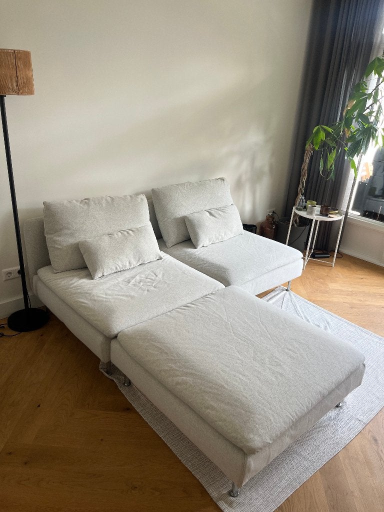 IKEA Söderhamn 3-zitsbank + voetenbank – lichtgrijs, Ophalen, Gebruikt, 150 tot 200 cm, Tweepersoons