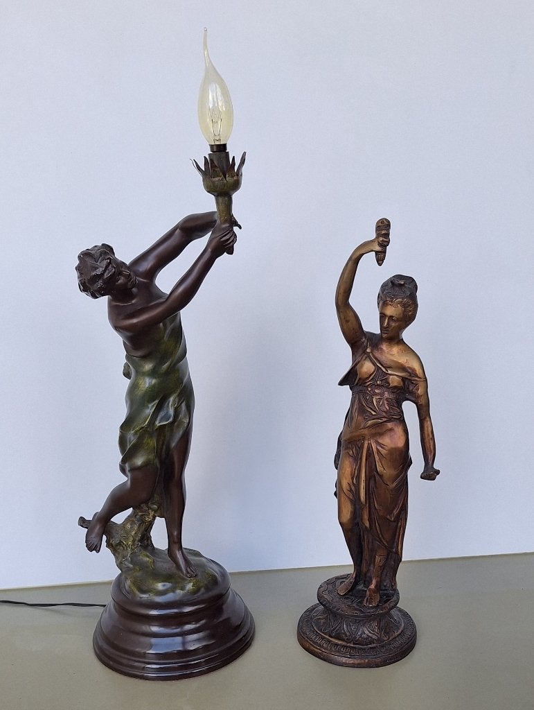 vintage antiek standbeeld Griekse godin Hestia lamp en Hera, Brons, Beeld, 50 - 100 cm, Ophalen of Verzenden