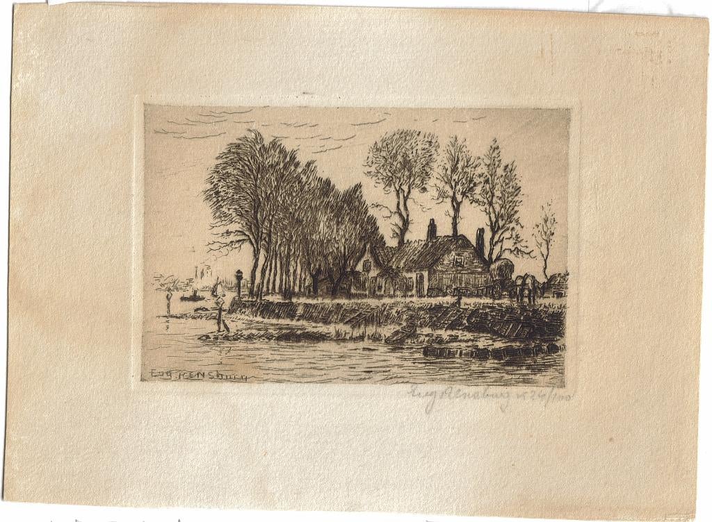 Eugene Rensburg ets "Boerderij aan Water', genummerd 24/100, Antiek en Kunst, Ophalen, Landschap, Ets, Origineel