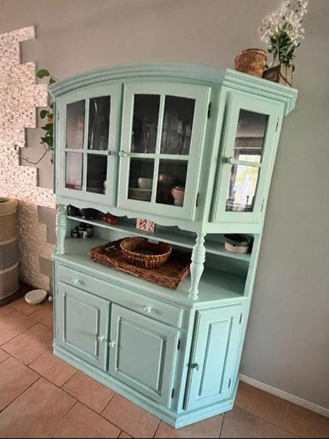 Vintage hoekkast in mintgroen - Landelijke stijl, Ophalen, Gebruikt, 100 tot 150 cm, Met lade(s)