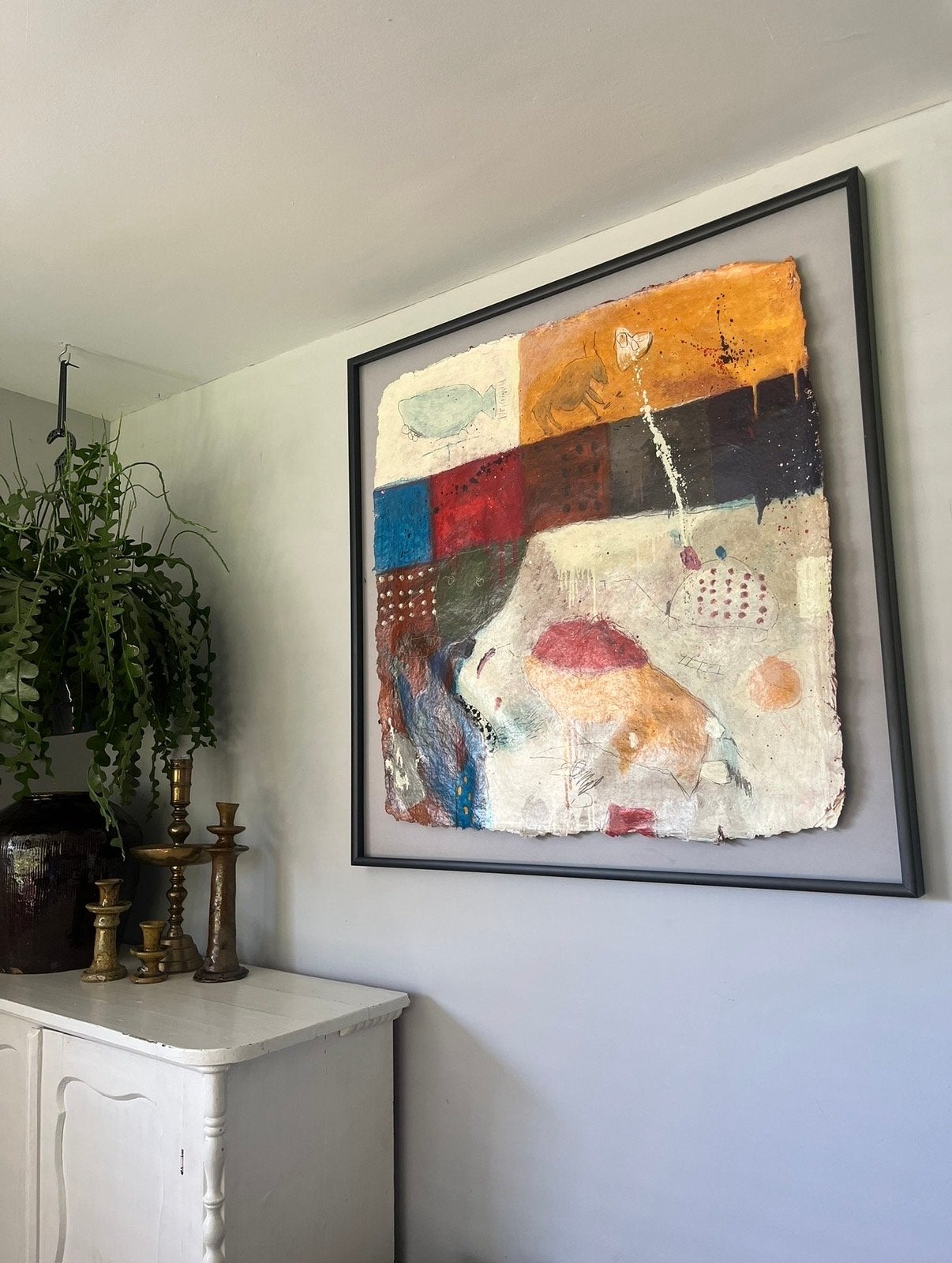 Abstract Schilderij met Textuur en Levendige Kleuren, Ophalen of Verzenden