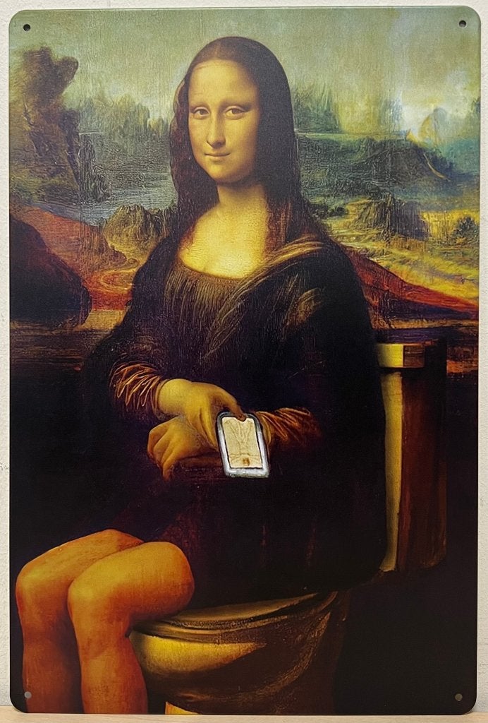 Mona Lisa op wc met telefoon reclamebord van metaal deco