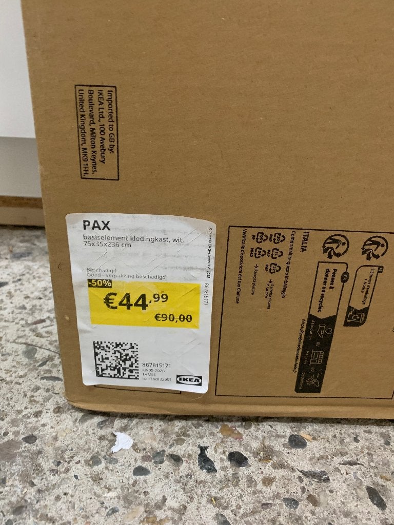 Pax kledingkast basiselement wit (75x35x236), Ophalen, Minder dan 50 cm, 200 cm of meer, Nieuw