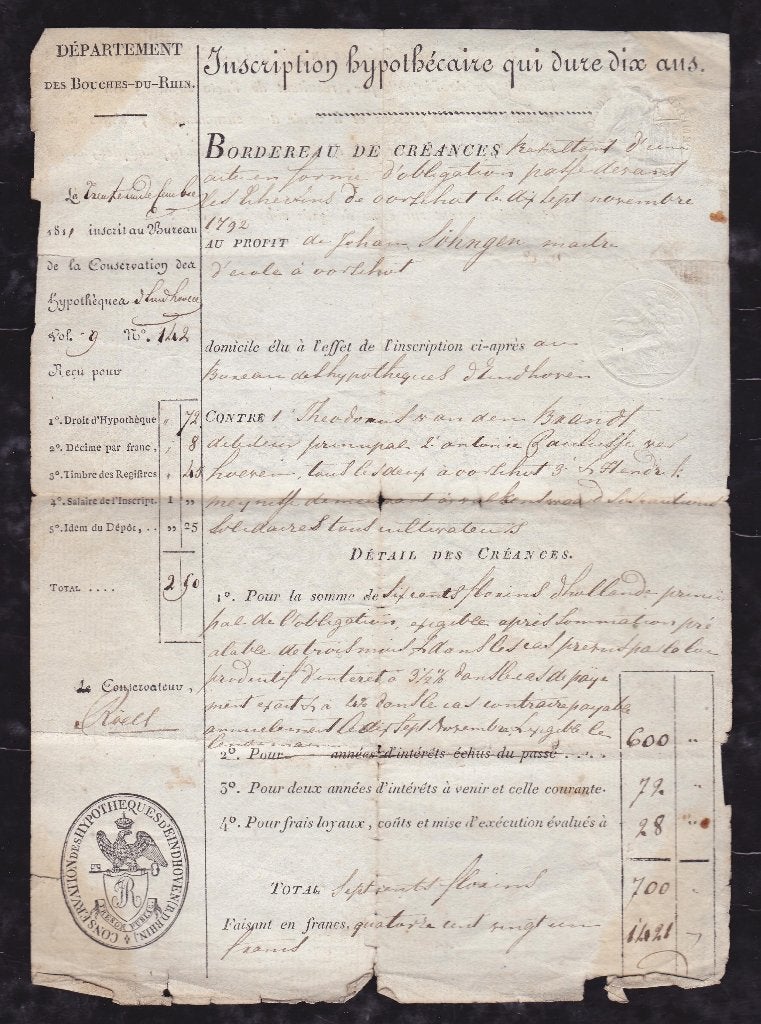 Franstalig document uit 1811 hypotheek Oirschot Sohngen, Antiek en Kunst, Ophalen of Verzenden