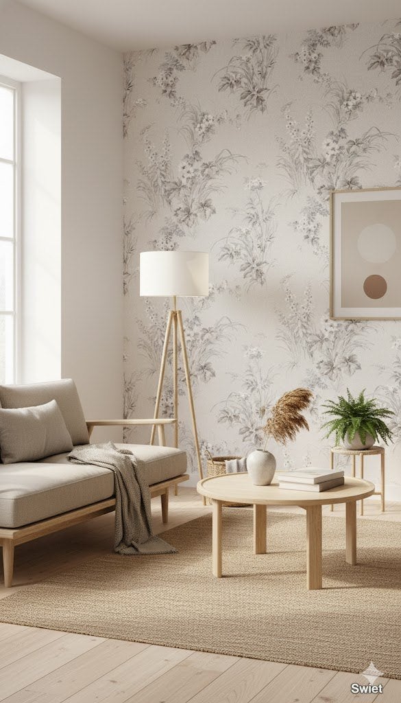 7092 sereen bloemenbehang in greige Japandi sfeer swiet, Ophalen of Verzenden