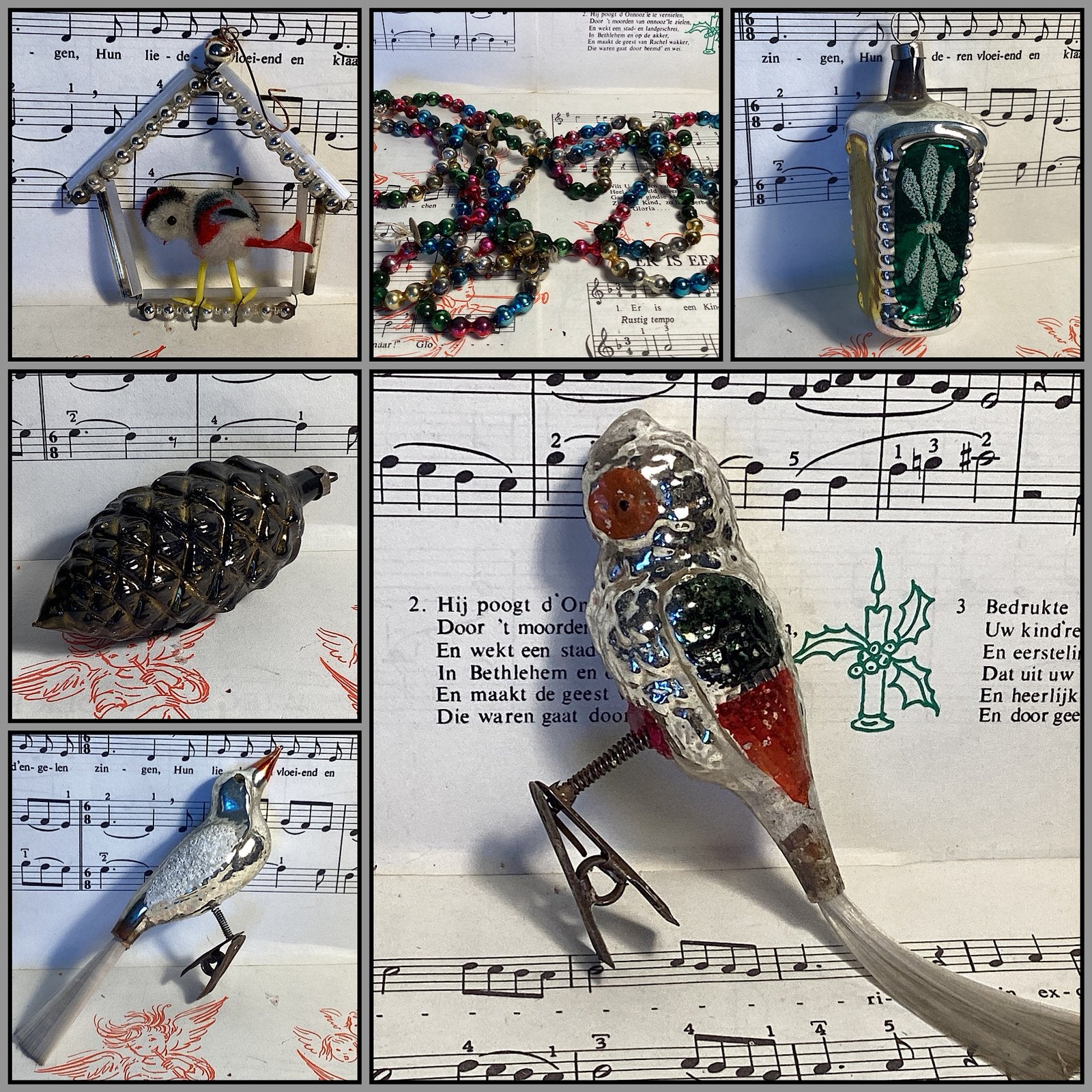 Oude kerstbal uil, vogel in kooi, glazen kralenslinger etc, Ophalen of Verzenden, Gebruikt