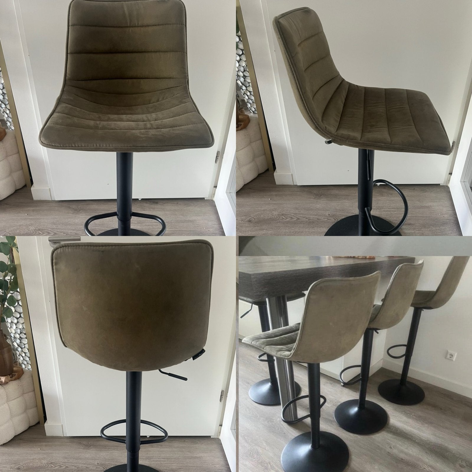Set van 4 olijfgroene design barkrukken De Bommel Meubelen, Ophalen, Gebruikt, In hoogte verstelbaar, 90 cm of meer