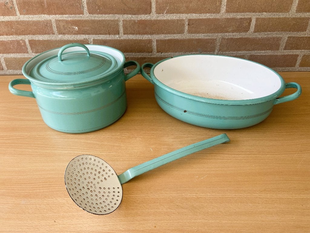 Vintage Emaille Set Pan Spaan Mint Groen, Antiek en Kunst, Ophalen
