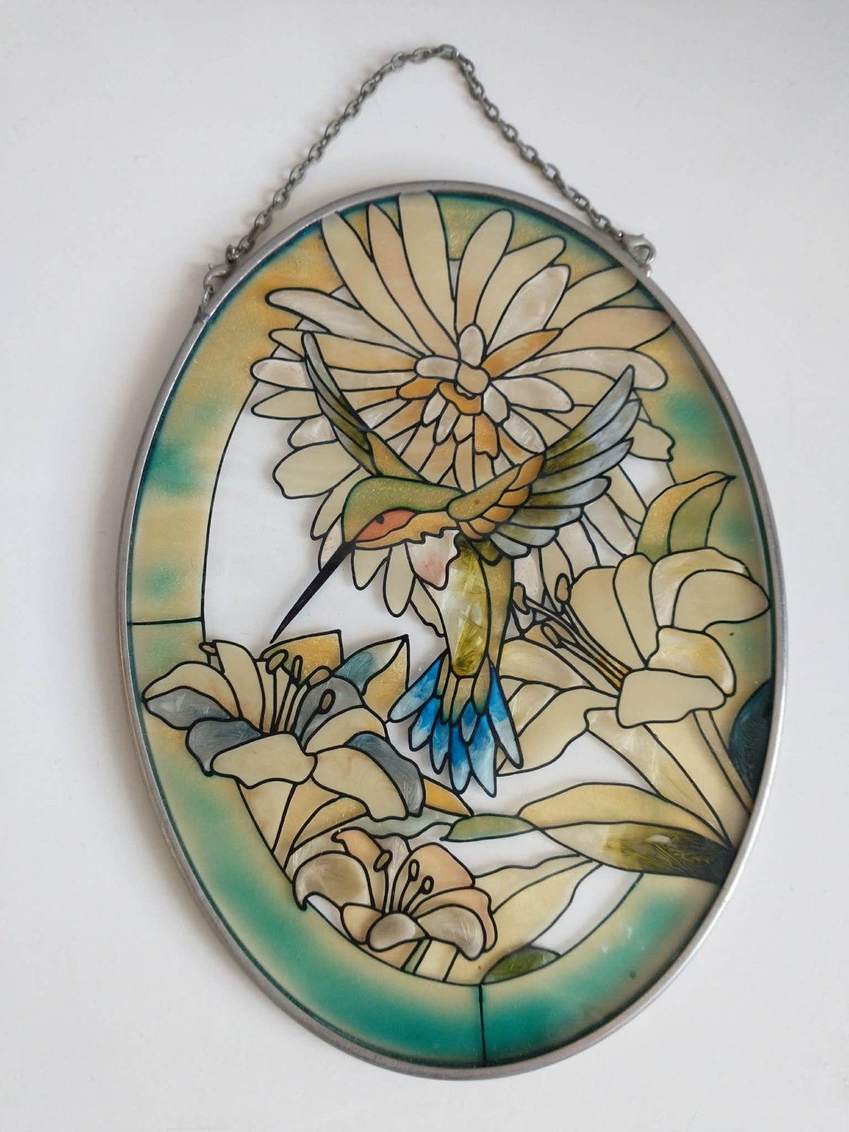 Vintage Amia Kolibrie Raamhanger Glas in Lood Stijl 18x13cm, Antiek en Kunst, Ophalen of Verzenden