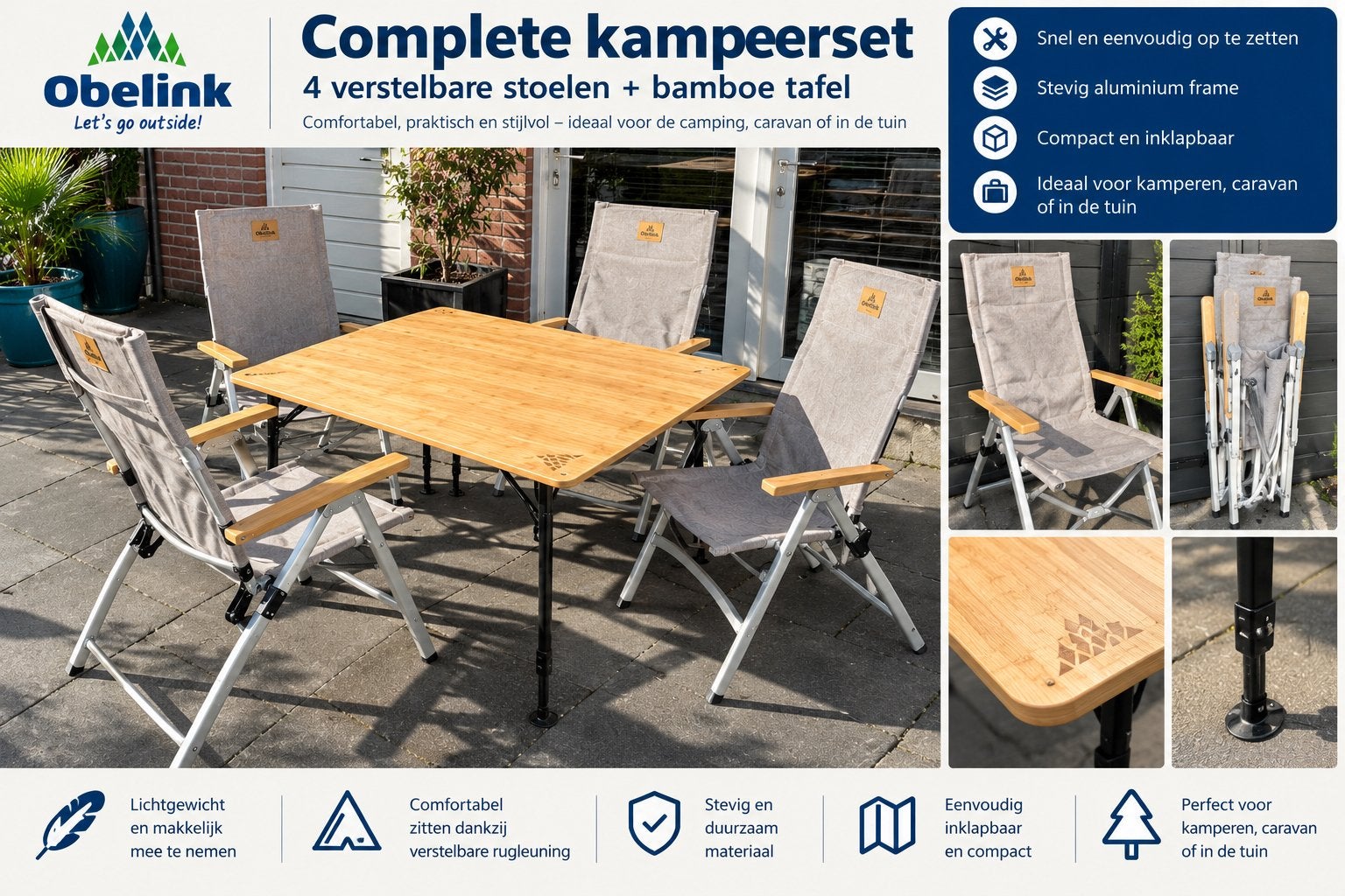 Complete Obelink kampeerset – 4 verstelbare stoelen + tafel, Ophalen, Zo goed als nieuw, Campingstoel