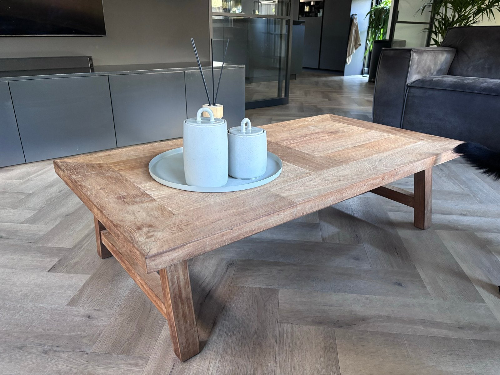 Teakhouten Salontafel Portella 130x70x35cm - reclaimed teak, Ophalen, 100 tot 150 cm, Teakhout, 50 tot 100 cm
