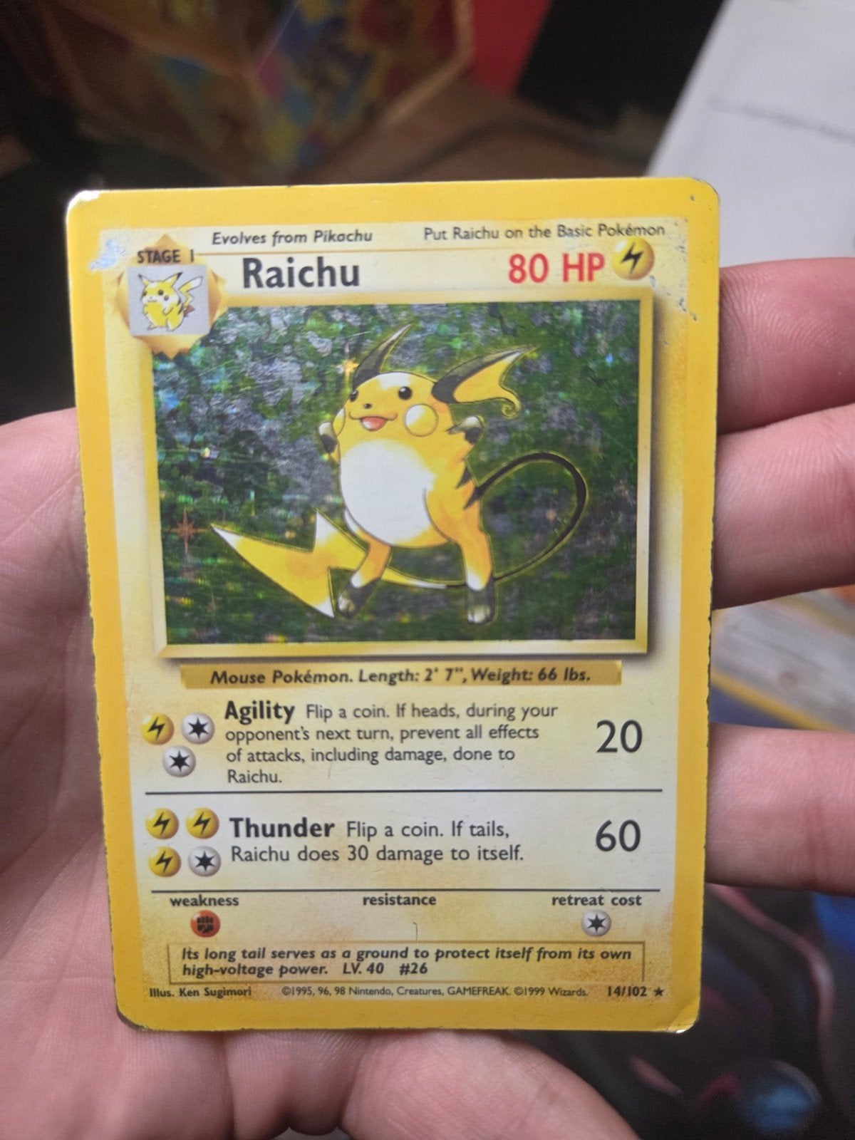 Raichu Holo 14/102 Base Set 1999 Wotc Era Vintage, Ophalen of Verzenden, Gebruikt, Losse kaart, Foil