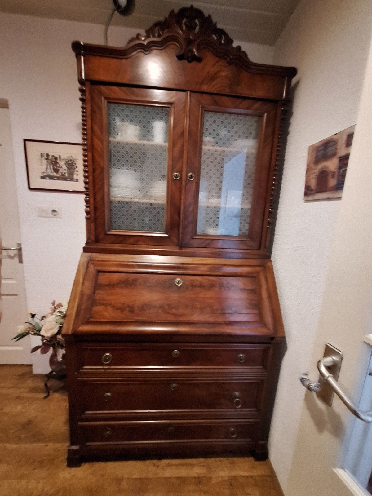Antieke secretaire met vitrinekast - Mahoniehout, Antiek en Kunst, Antiek | Meubels | Kasten, Ophalen