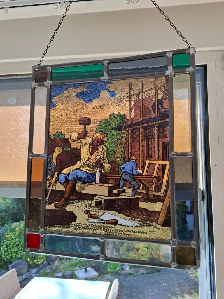 Uniek Glas-in-Lood Raam – "De Timmerman" – Gebrandschilderd, Ophalen
