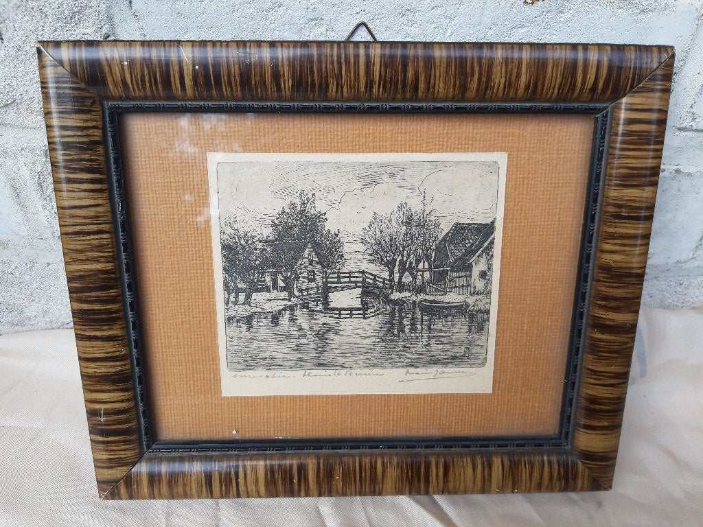 Schets, Marinus Jansen, huis aan water; origineel, Antiek en Kunst, Kunst | Tekeningen en Foto's, Ophalen, Tekening, Potloodtekening