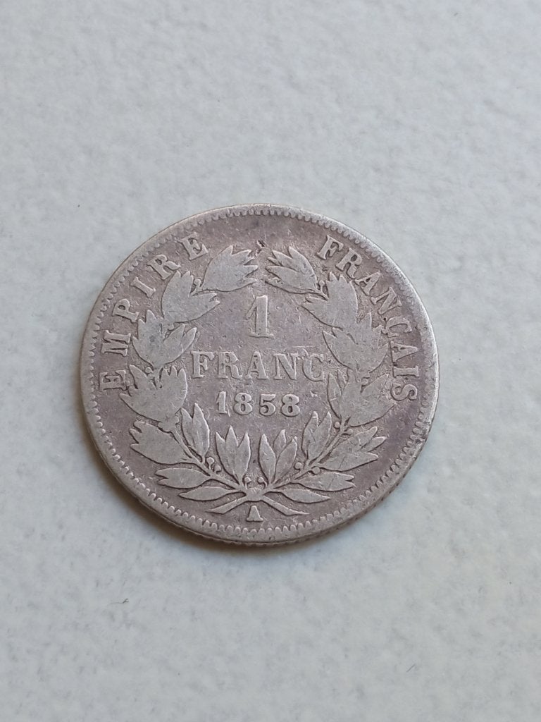 Frankrijk 1 franc 1858., Ophalen of Verzenden, Frankrijk, Losse munt, Zilver