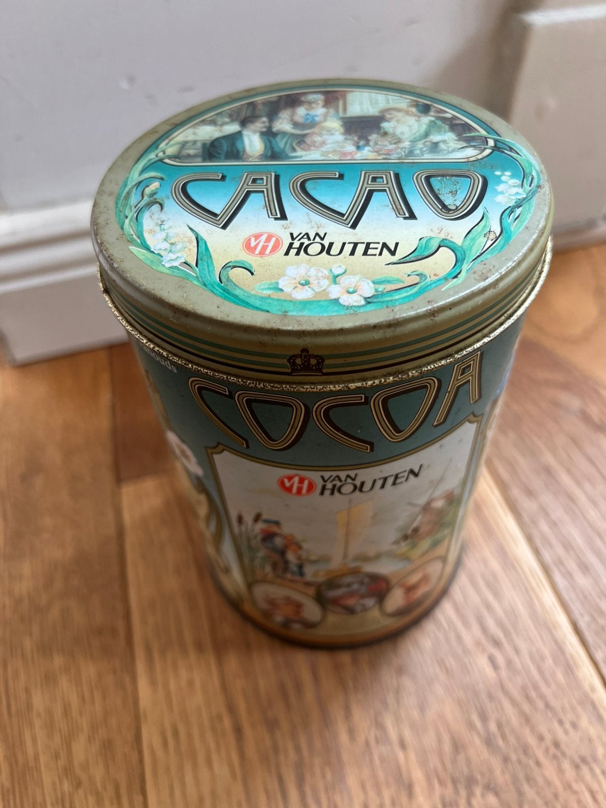Vintage Van Houten art nouveau Cacao blik 15cm hoog, 10cm, Verzamelen, Blikken, Ophalen of Verzenden, Gebruikt, Overige