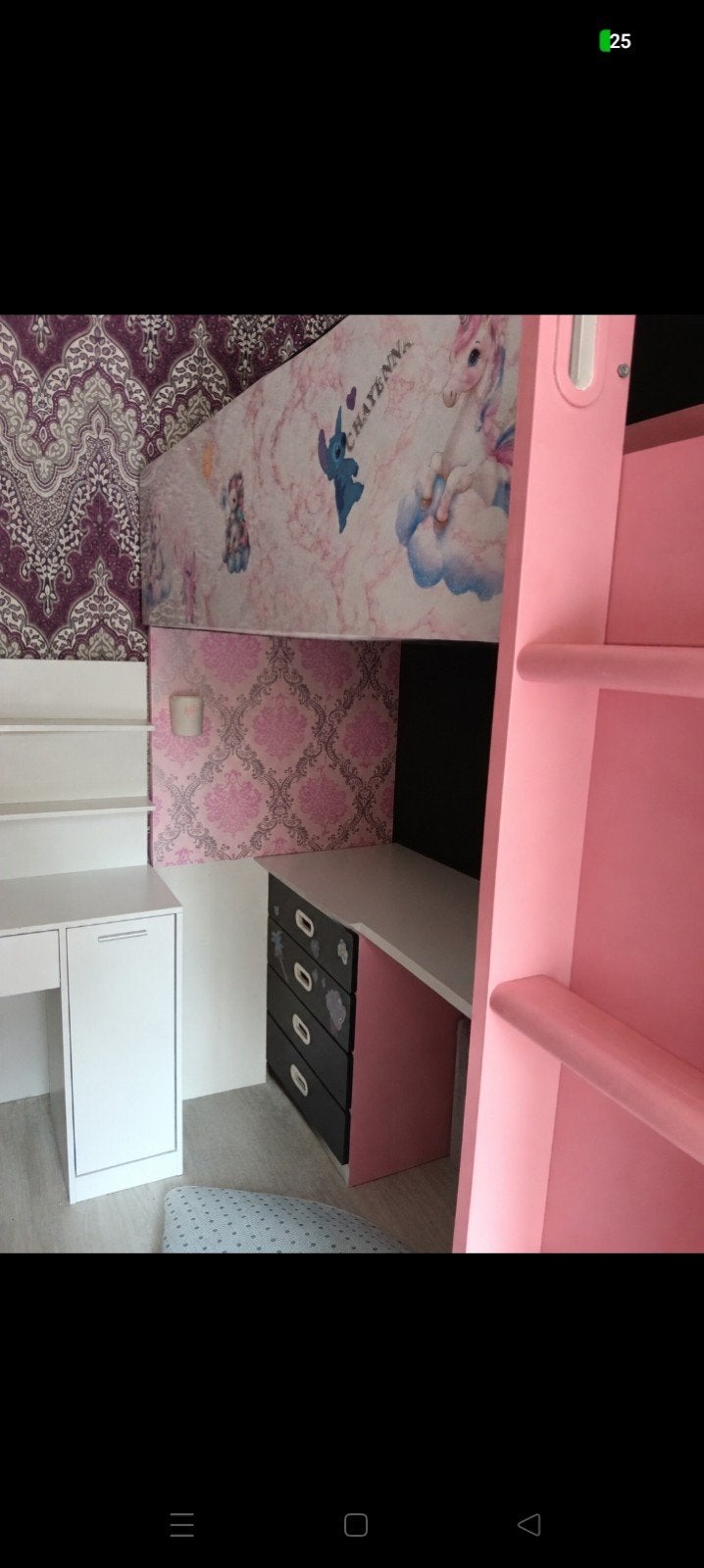 Roze stapelbed met bureau en opbergruimte, Ophalen, Gebruikt, 90 cm, Eenpersoons