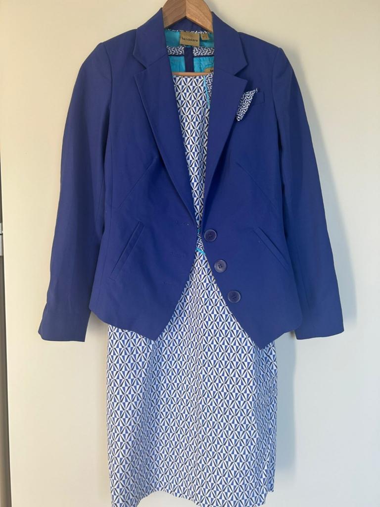 Bandolera set maat 34. Blazer, broek, jurk, blouse, pochet, Kostuum of Pak, Blauw, Ophalen of Verzenden, Maat 34 (XS) of kleiner