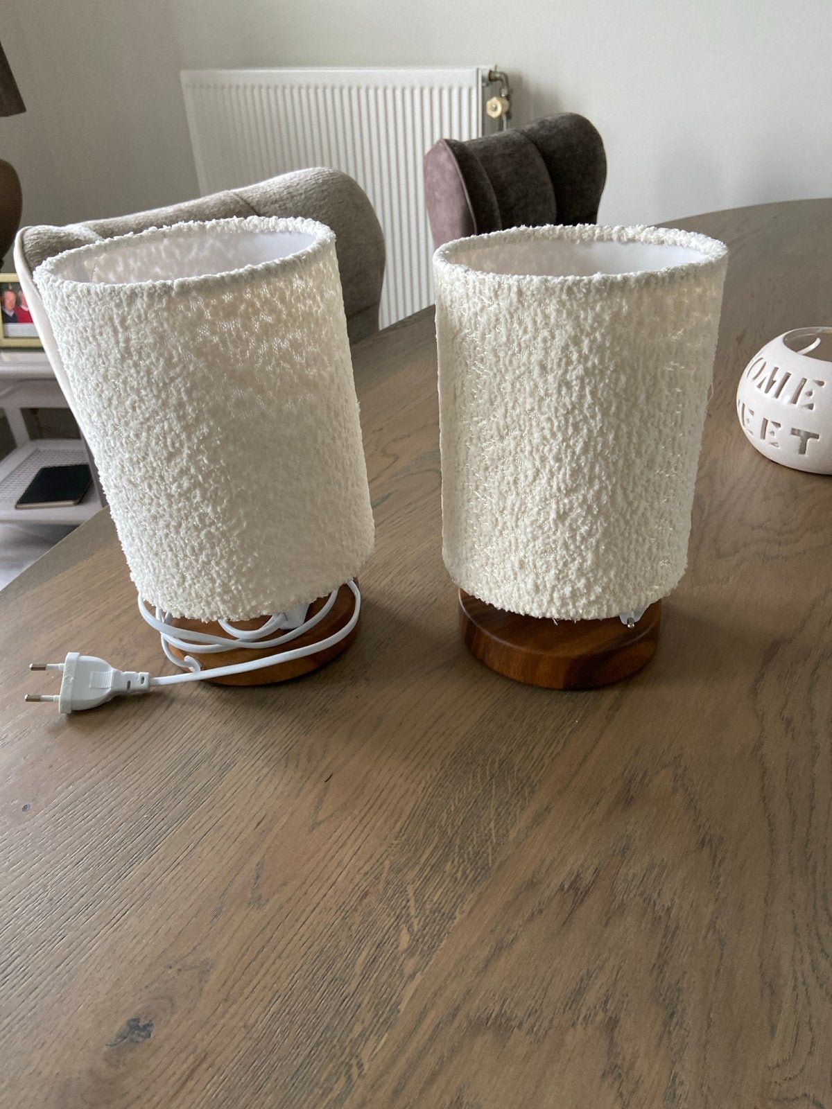 Set van 2 schemerlampen met houten voet en teddy stof, Beige, Ophalen of Verzenden, Zo goed als nieuw, Met kap