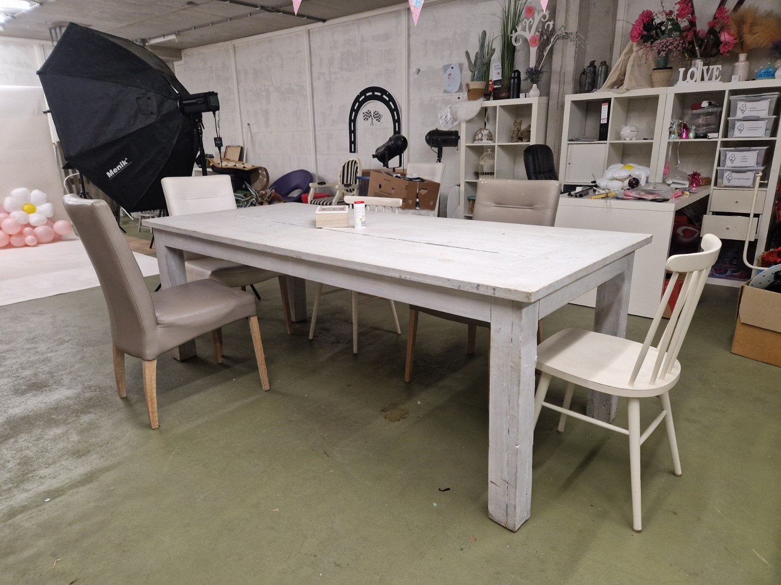 Steigerhouten tafel whitewash 220x100 cm, Ophalen, Gebruikt, 200 cm of meer, 50 tot 100 cm