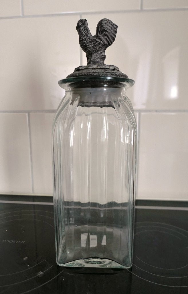 Landelijke glazen voorraadpot met metalen hanen deksel, Voorraadpot, Ophalen of Verzenden, Zo goed als nieuw, Glas