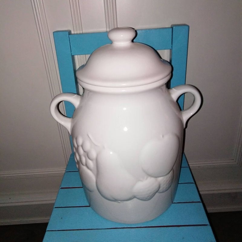 Rumtopf van wit aardewerk met fruitrelief, Ophalen, Gebruikt, Voorraadpot, Steen/keramiek