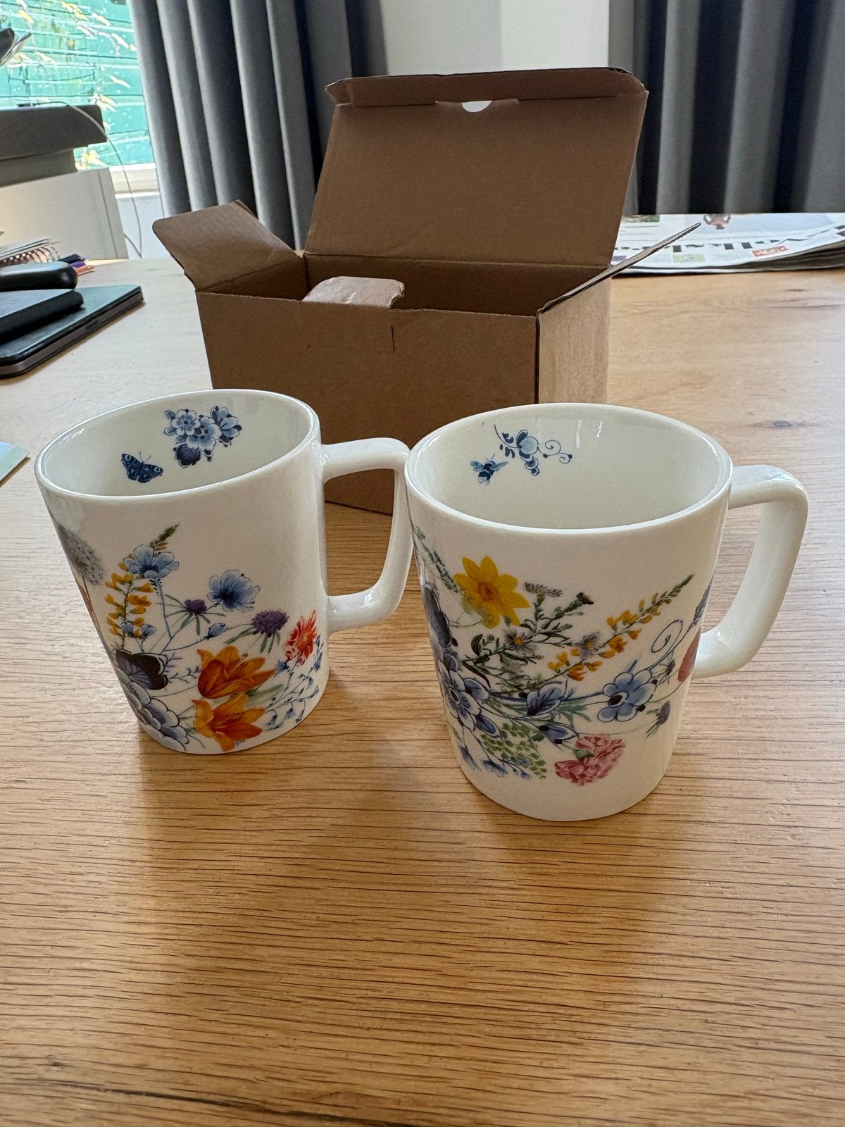 Heinen Delfts Blauw Wildbloemen Koffiemokken - Set van 2, Overige merken, Keramiek, Nieuw, Delftsblauw